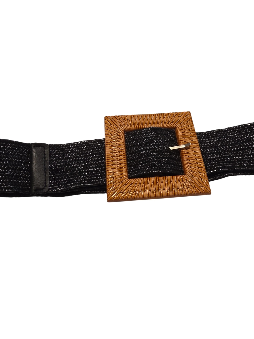 Plus Size Black Woven Elastic Belt with Tan Square Buckle